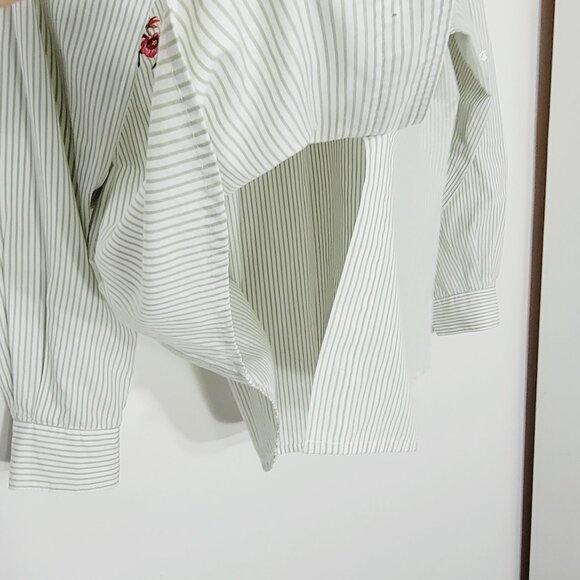 Alia White Green Striped Floral Embroidered Cotton Blend Button Down Shirt 10P - Picture 6 of 13